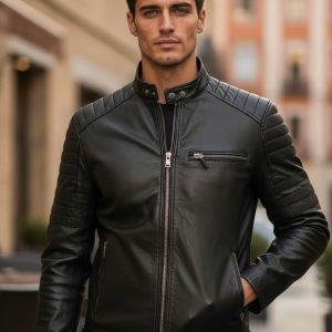 Chaqueta biker de cuero negra SIERRA, vista frontal